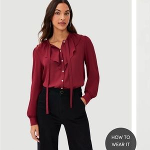 Ann Taylor Mixed Media Ruffle Tie Neck Blouse NWT